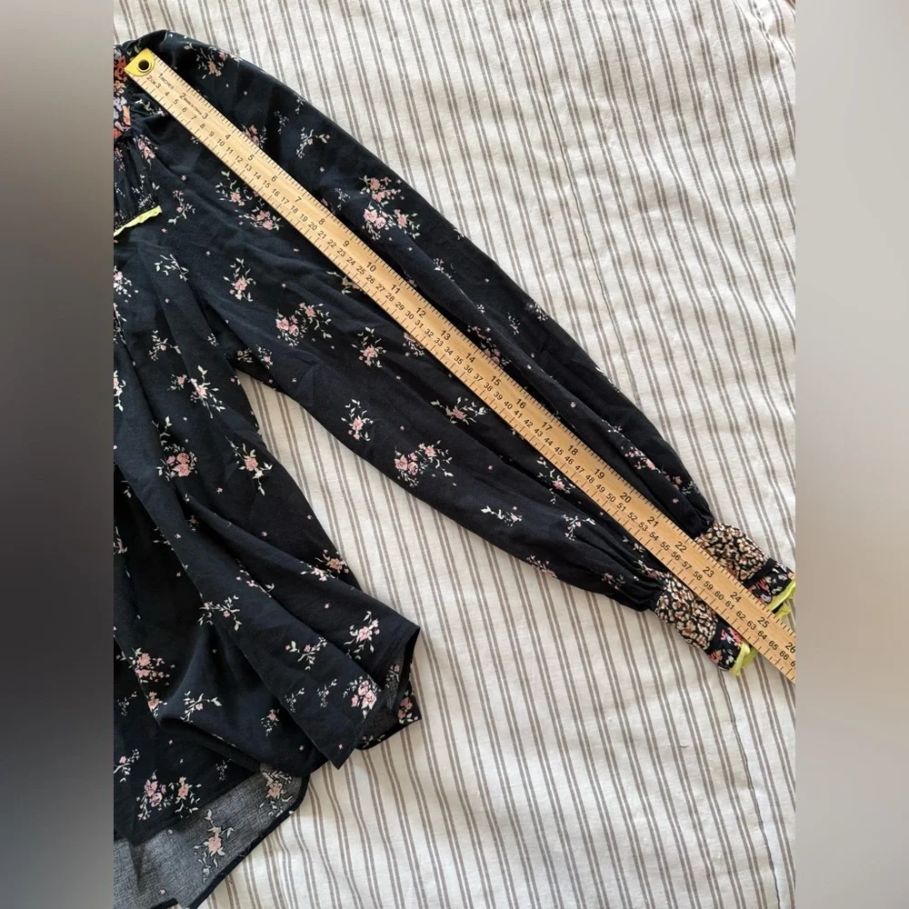 Free People Black Floral Button-Front Blouse with Neon Trim